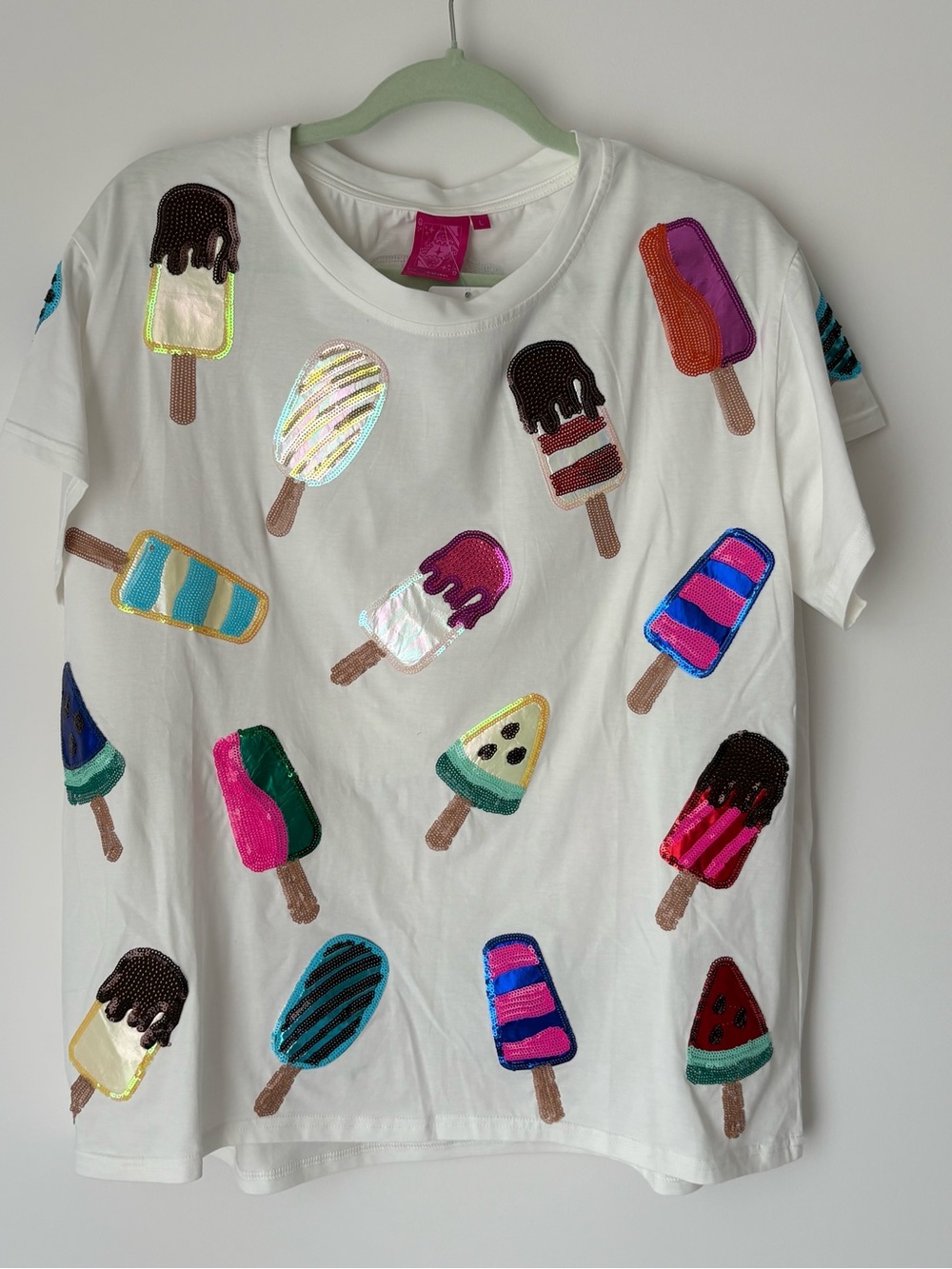 QUEEN OF SPARKLES White Sequin Popsicle Short Sleeve Tee